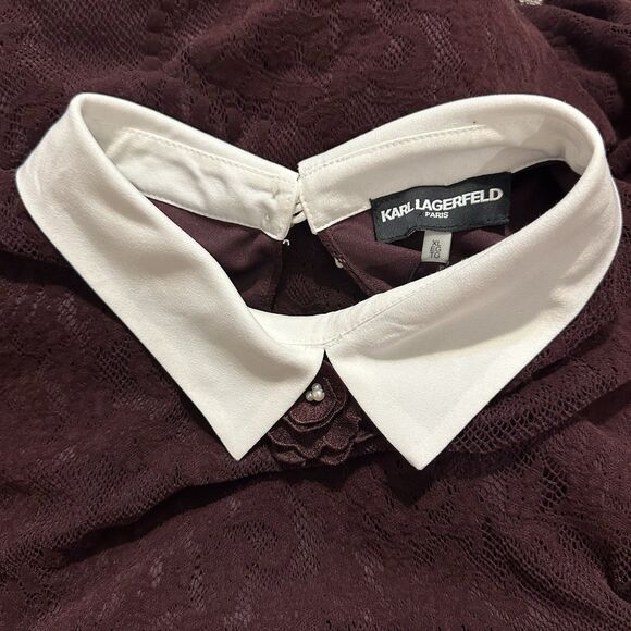 NWT Karl Lagerfeld Women's Peter Pan Collar Gothcore Lace Blouse Pearl Buttons - Picture 5 of 8